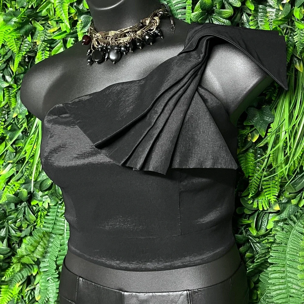 Bebe Top 12 Black One Shoulder Ruffle Sleeveless Party Cocktail Made In USA 3017 - Picture 6 of 8